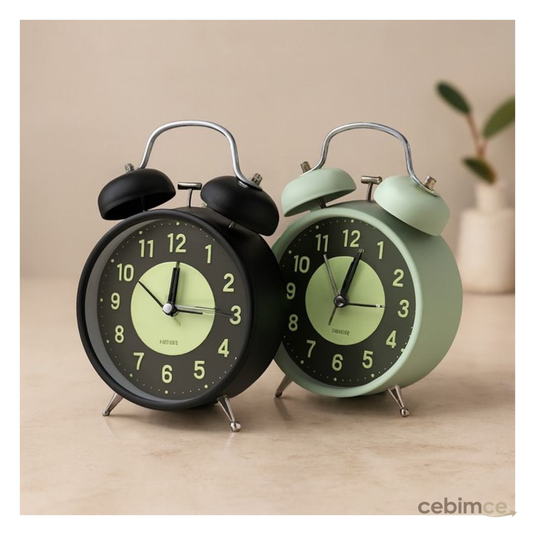 TeknoKapsül Twin Bell Metal Masa Çalar Saat 11 cm – Pilli, Işıklı, Fosforlu