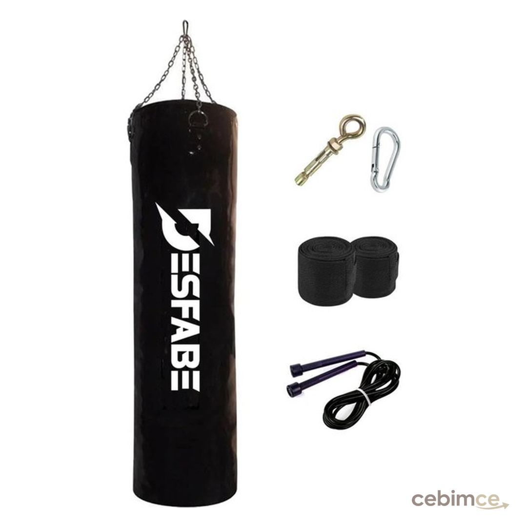 Delixa Desfabe Boxing Star 120X32 cm Zincirli Boks Torbası Siyah+Askı Aparatı+El Bandajı+Atlama Ipi