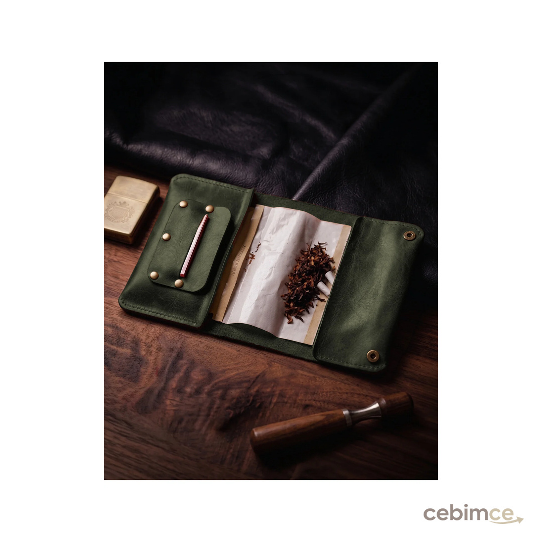 BUO Leather Hakiki Deri Tütün Kesesi, Yeşil Renk, Trifold Tasarım, Filtre & Kağıt Bölmeli