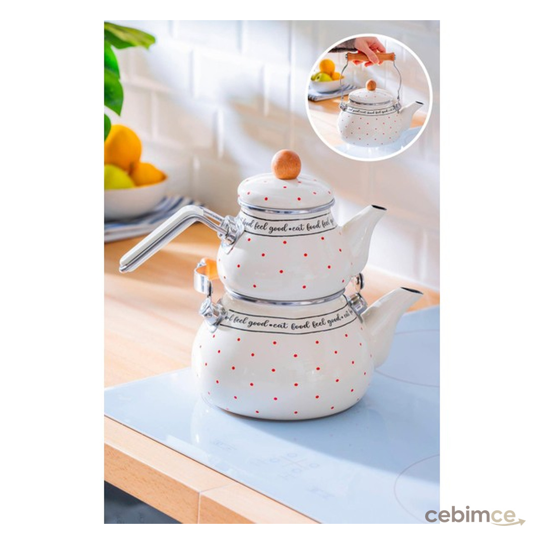 Acar Feel Good Emaye Çaydanlık Takımı Bej Kırmızı Puantiyeli İndüksiyon Tabanlı 850 ml 2 L