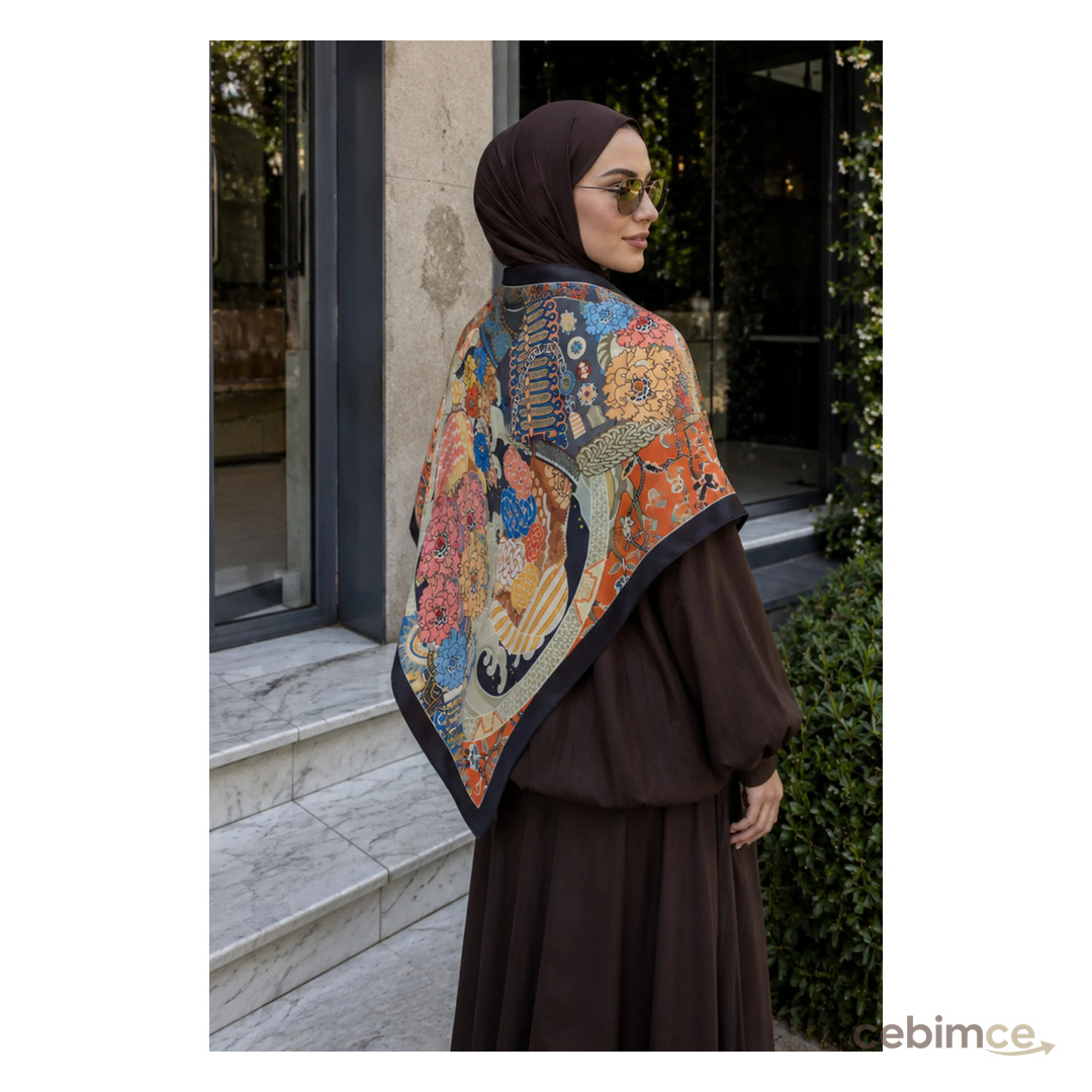 AFVENTE Şato Bahçe Desen Kırmızı-Mavi Soft Fular Eşarp 90x90 cm