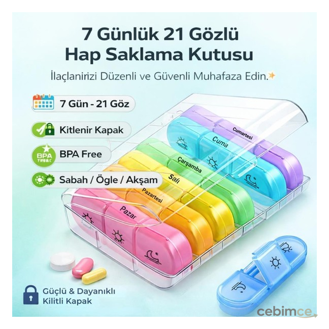 Coofbe Haftalık Ilaç Saklama Kutusu 21 Gözlü Kilitli Kapaklı Hap Ilaç Vitamin Saklama Kutusu Kabı