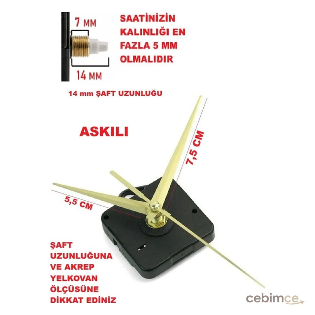 Saat Mekanizması, Sessiz Çalışır, Sessiz Akar Saat Motoru 14 mm Şaft, Akrep-Yelkovan-Saniye-(Askılı)