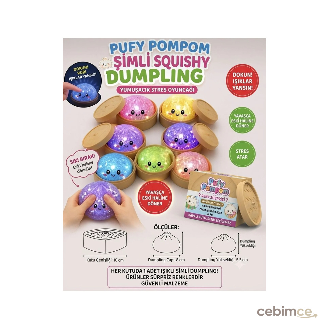 Pufypompom Simli Squishy Çin Mantısı () Stres Atan Yumuşacık Sıkılabilir Oyuncak