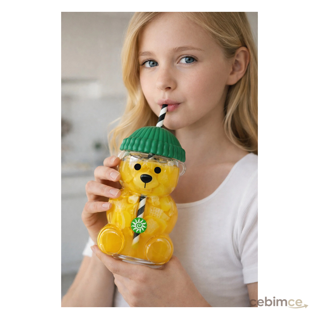 M&B WATER BOTTLE Bearista 600 ML Ayıcık Figürlü Pipetli Soğuk İçecek ve Kokteyl Bardağı