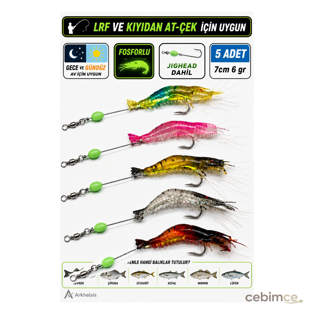 Arkhelais Karides Fosforlu Silikon Balık Yemi 7 cm 6 gr 5’li Set - Jigheadli Levrek Çupra Lüfer Palamut LRF Spin At-Çek Hazır Yapay Yem