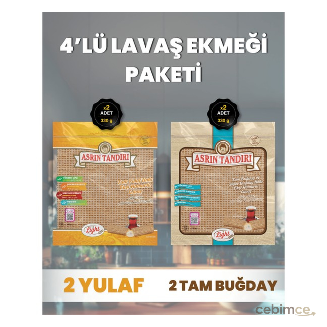 4'LÜ PAKET -Asrın Tandırı 2 Adet Ekşi Mayalı Yulaf Ekmeği +2 Adet Ekşi Mayalı Tam Buğday Lavaş Ekmeği (330 GRAMX4 PAKET)