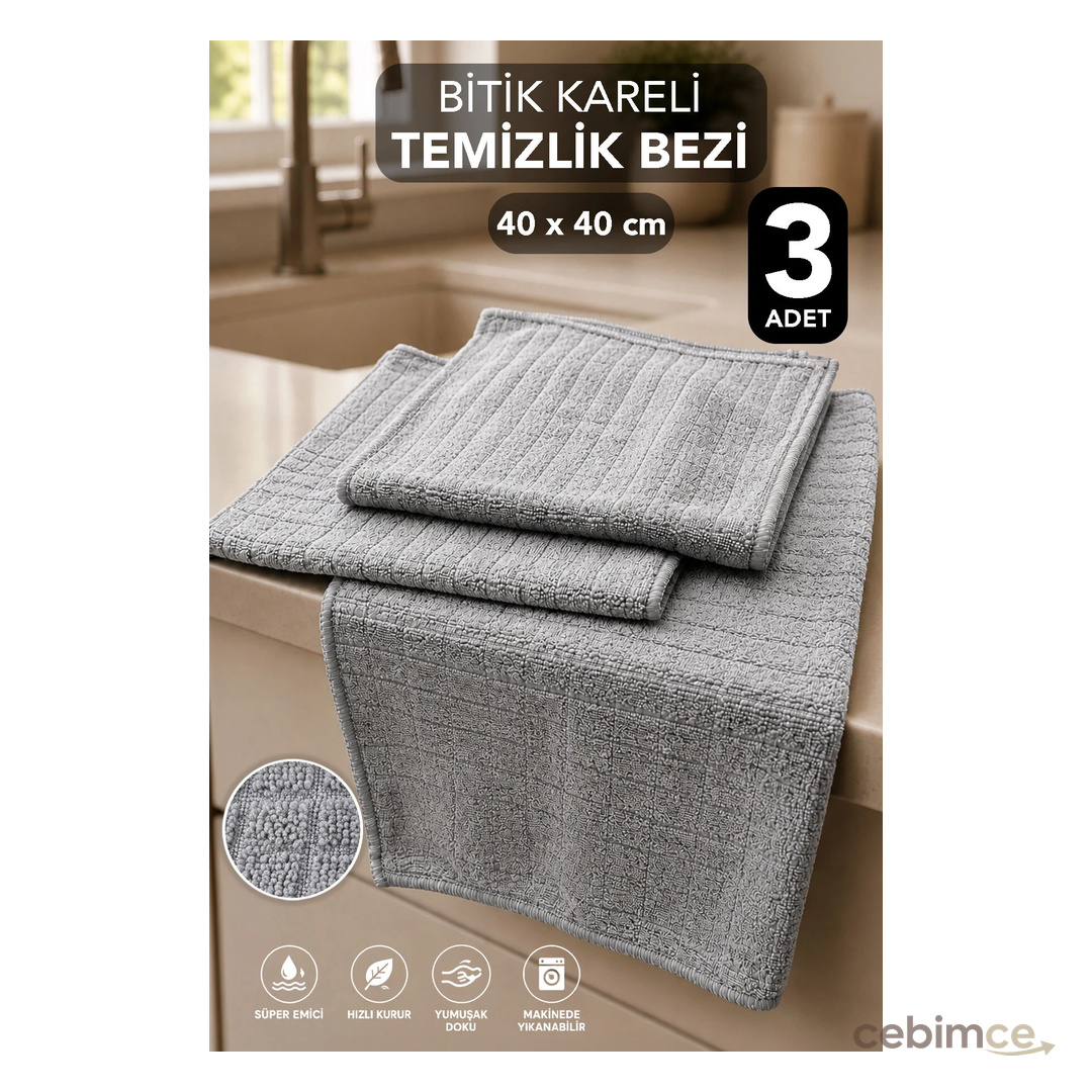Meleni Home 3'lü Bitik Kareli Temizlik Bezi - Yüksek Su Emici Kir Toz İz Bırakmayan Temizlik Cam Mutfak Bezi 40x40cm