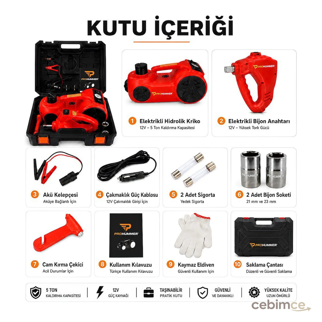 Prohummer PHM314 Elektrikli Kriko Seti - 5 Ton Hidrolik Kriko + Hava Pompası + Bijon Anahtarı + LED Fener