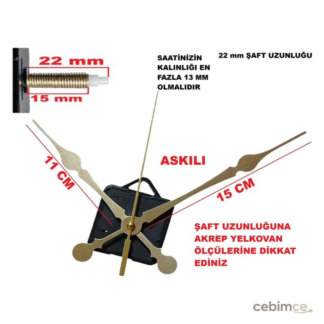Cnr Shop 22 mm Şaft Boyu Duvar Saati Mekanizması Sessiz Çalışır Büyük Boy Akrep-Yelkovan-Saniye-(Askılı)