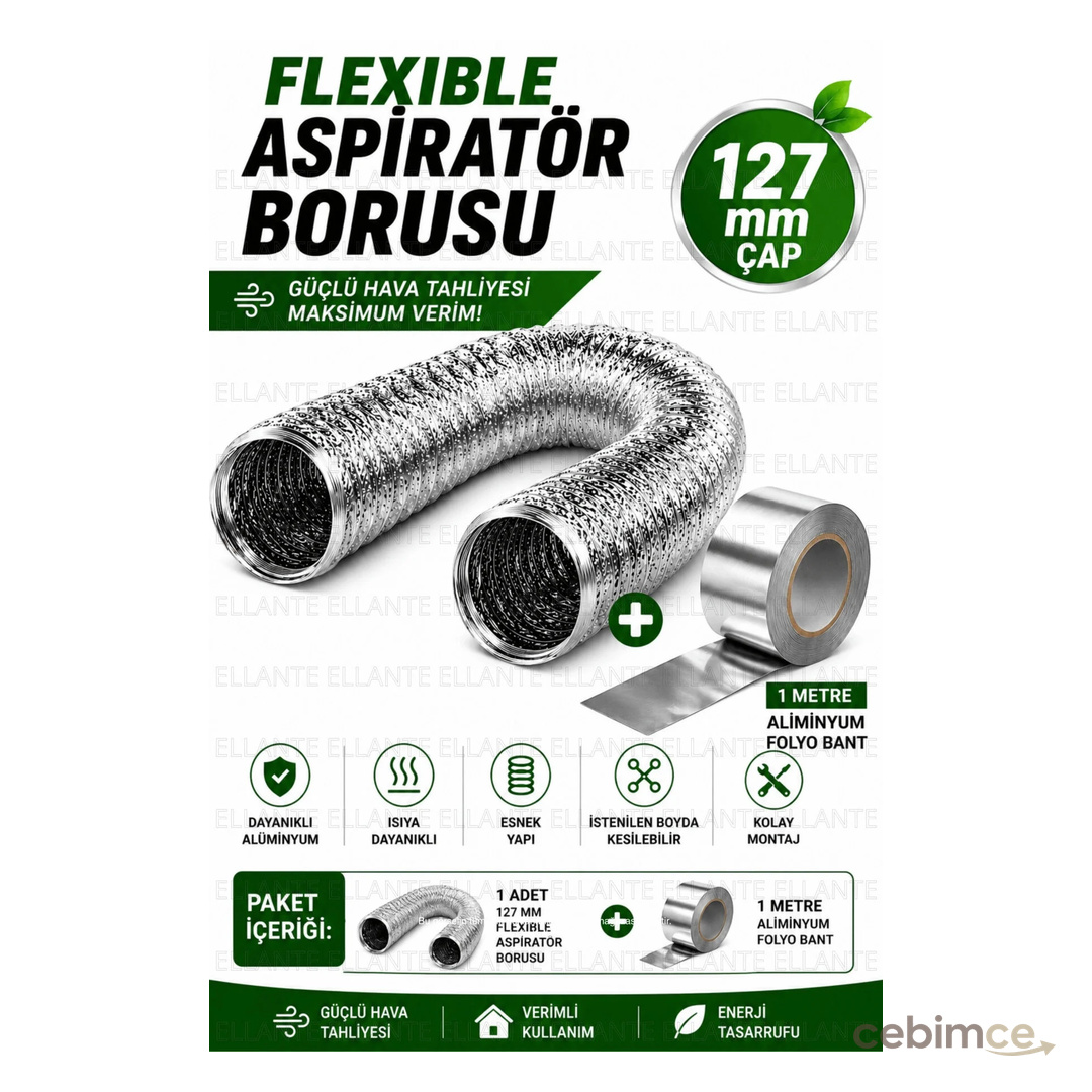 ellante 127 mm Flexible Aspiratör Borusu Alüminyum Havalandırma Kanalı Davlumbaz Baca Borusu Esnek Hava Tahl