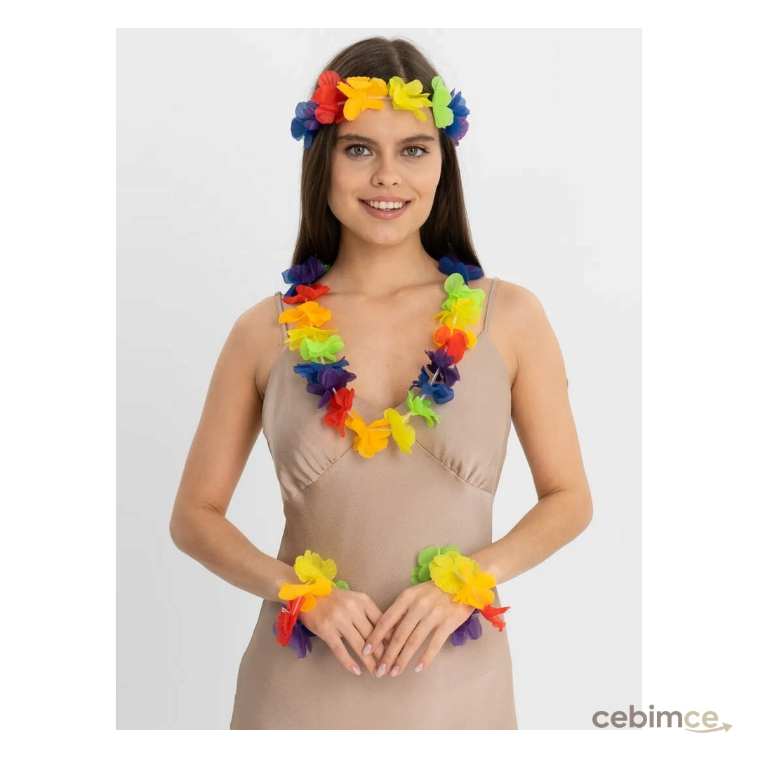 Rengarenk - 88 - Hawaii Kolye Taç Bileklik Seti - Csmo-tex - 4 Parça Çok Renkli