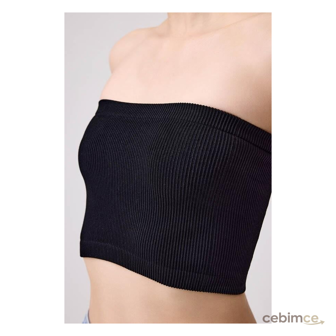 Cottonhill Premium - Kadın Siyah Seamless Straplez Crop Top Büstiyer Siyah
