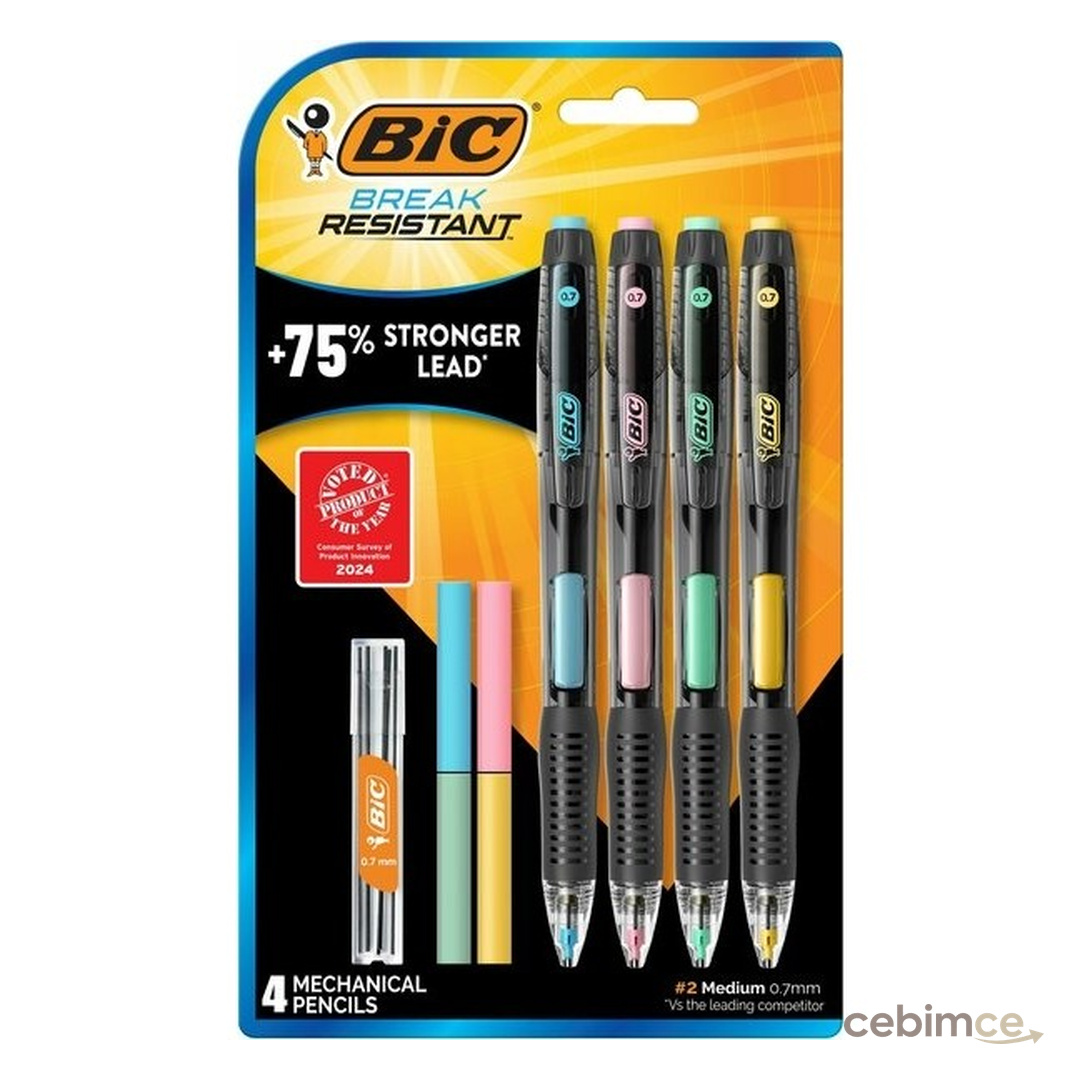 Bic 0,7 mm Uç Boyutlu Mekanik Kurşun Kalem 4 Kalem +4 Silgi Okul ve Ofis İçin Dayanıklı