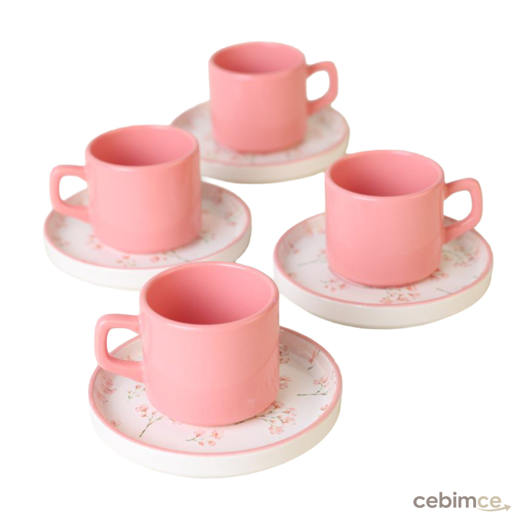 Keramika Minimal Çiçek Çay Takımı 4 Kişilik