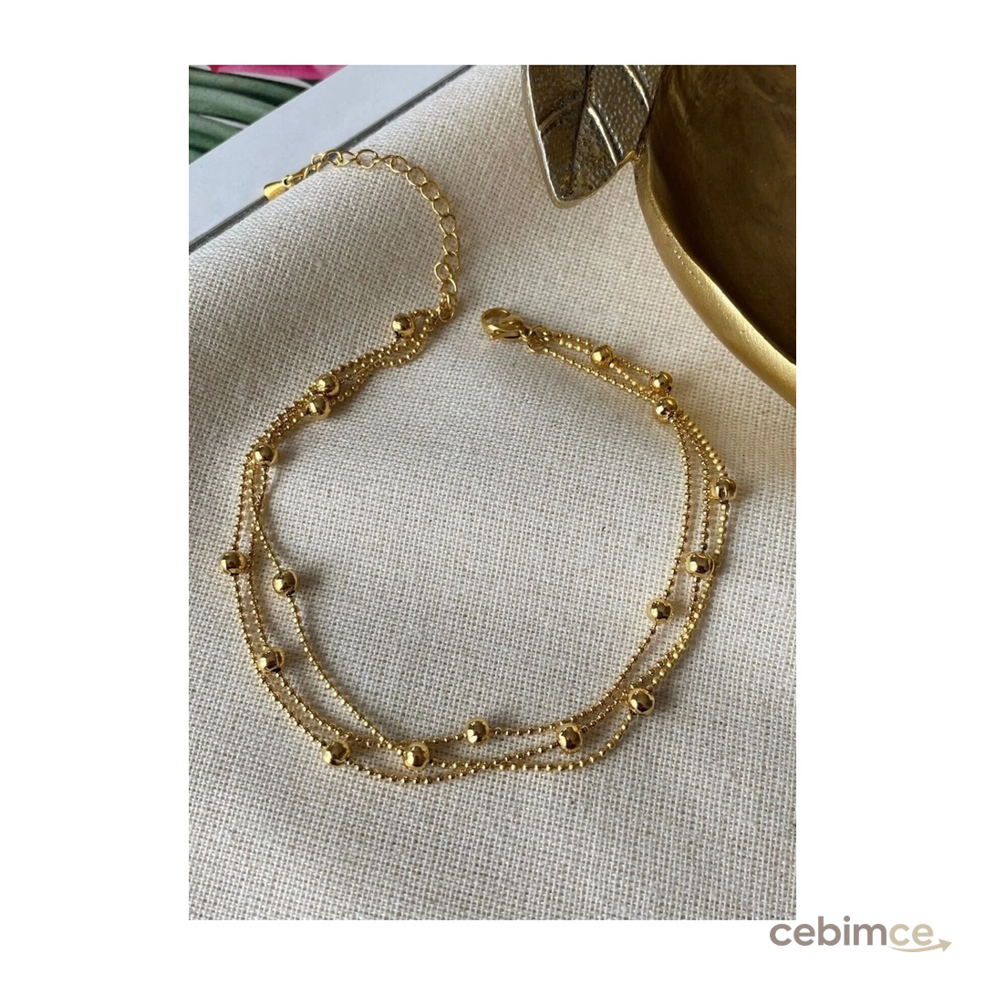 SU PERİSİ TAKI BİJUTERİ Çelik Gold 3 Sıra Top Zincirli Dorika Halhal